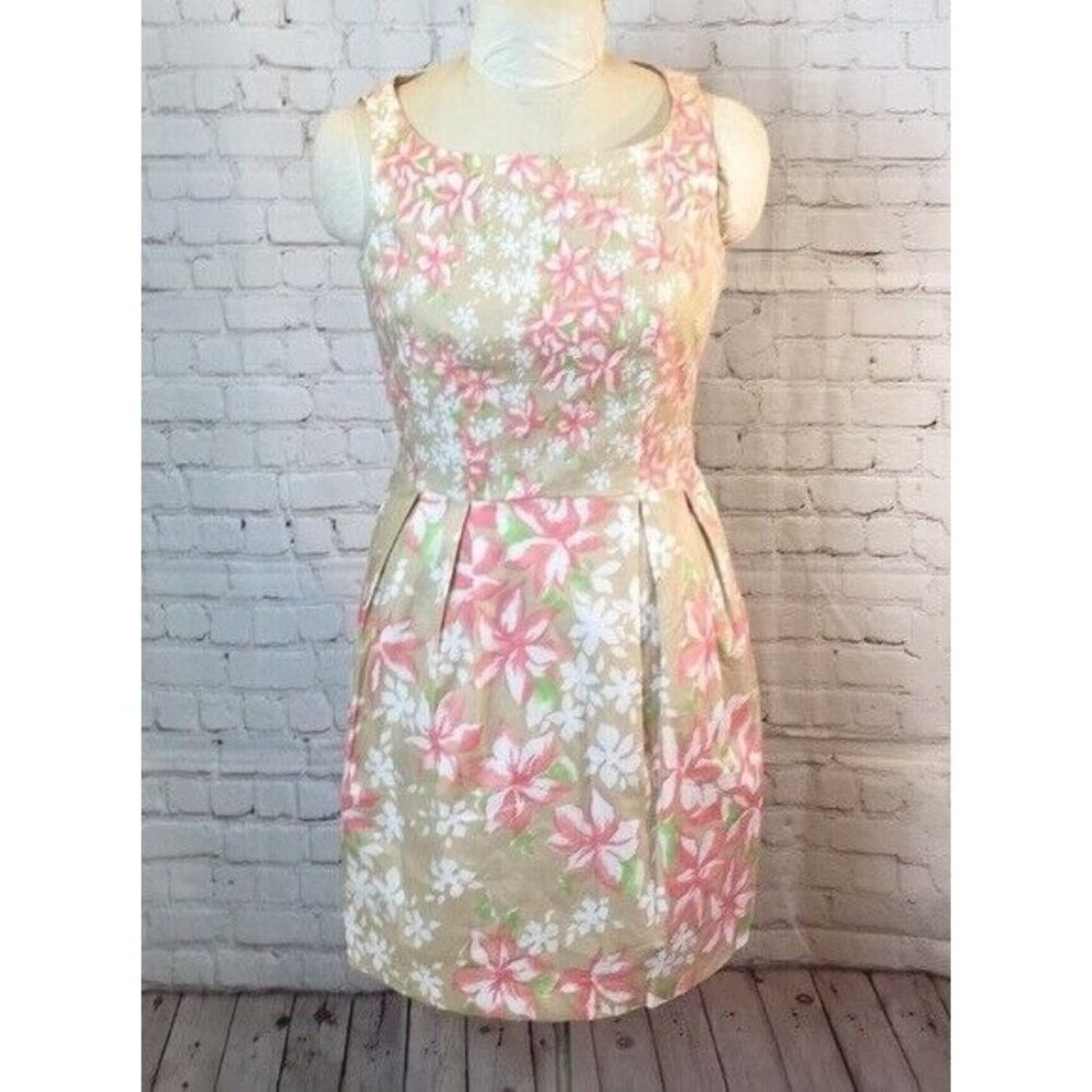Cece’s New York Dress Tan w/ Pink floral Sleeveless A line Size 8